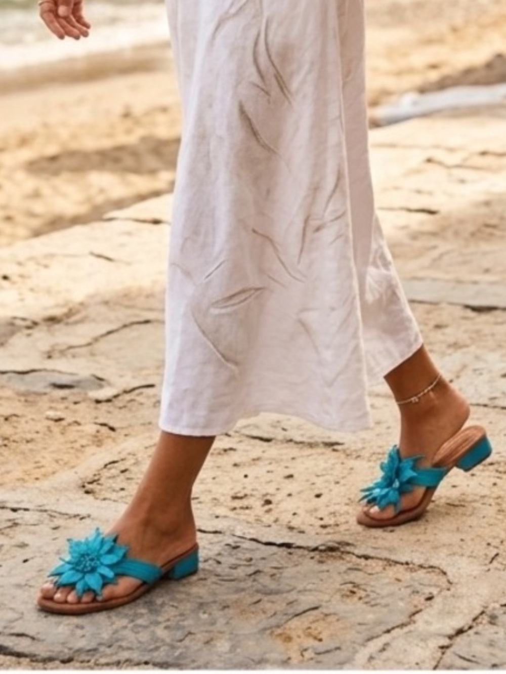 Anthropologie Sheridan Mia Turquoise Floral Leather Slide Sandals - Boho - Size